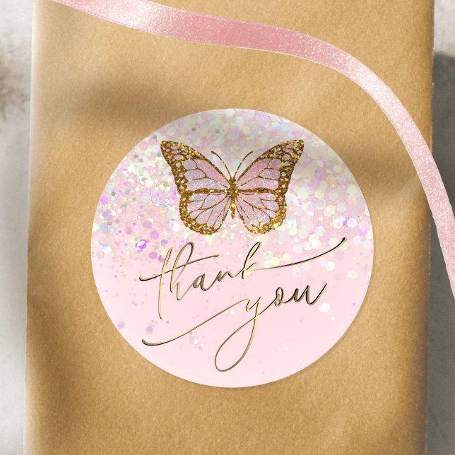 pink butterfly thank you classic round sticker (Creator Uploaded)
