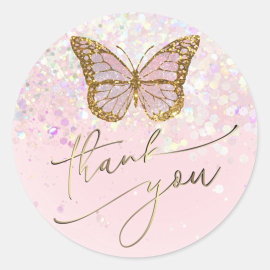 pink butterfly thank you classic round sticker