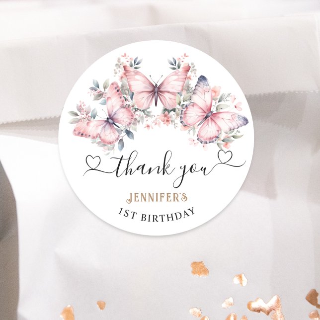 Pink Butterfly Theme 1st Birthday Favor Classic Round Sticker (Creator Uploaded)