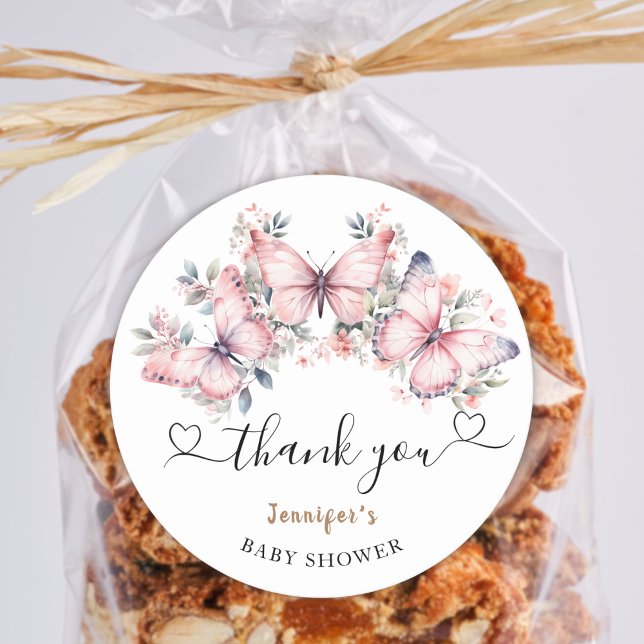 Pink Butterfly Theme Baby Shower Favor Classic Classic Round Sticker (Creator Uploaded)