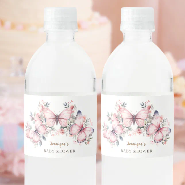 Pink Butterfly Label Pink Butterfly Theme | Butterfly Baby Shower Water Bottle Label | Zazzle