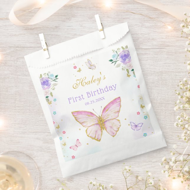 Pink Butterfly Theme Floral Girl Birthday Favor Bag (Clipped)