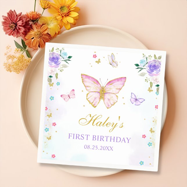 Pink Butterfly Theme Floral Girl Birthday Party  Napkins (Creator Uploaded)