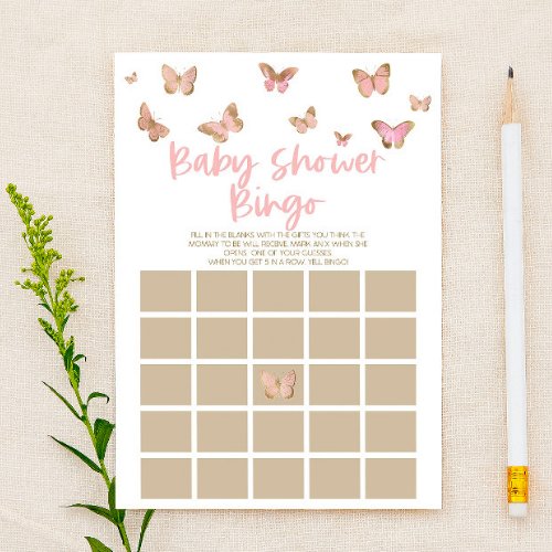 Pink Butterfly Themed Bingo Baby Shower Game Stationery