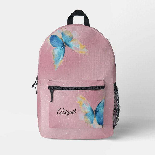 Pink butterfly themed printed backpack (Front)