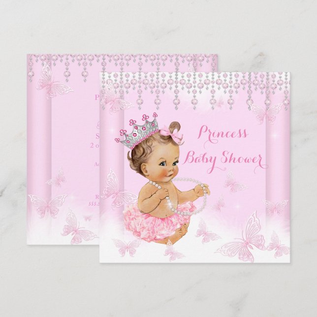 Pink Butterfly Tiara Princess Baby Shower Brunette Invitation (Front/Back)