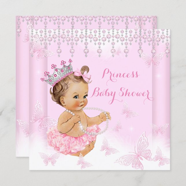 Pink Butterfly Tiara Princess Baby Shower Brunette Invitation (Front/Back)