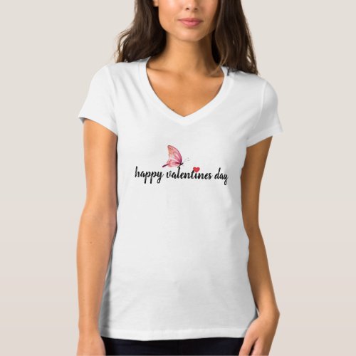 Pink Butterfly Valentine Jersey V_Neck T_Shirt