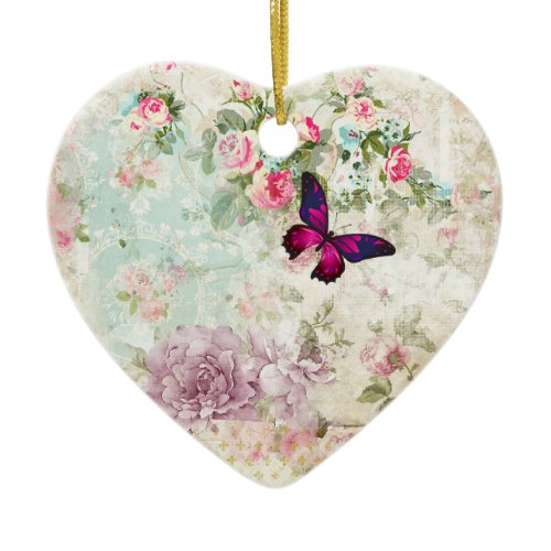 Pink Butterfly Vintage Shabby Collage Ceramic Ornament