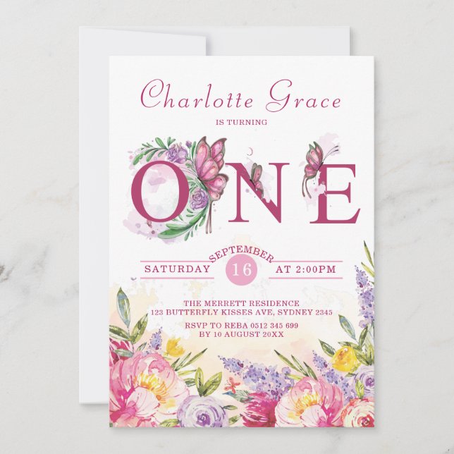 Pink Butterfly Watercolor Floral Birthday Invitation (Front)