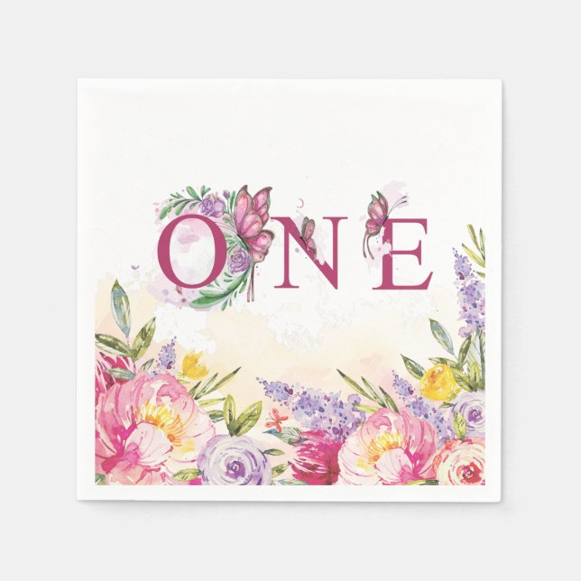 Pink Butterfly Watercolor Floral Birthday ONE Napkins (Front)