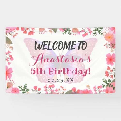 Pink Butterfly Watercolor Floral Frame Birthday Banner