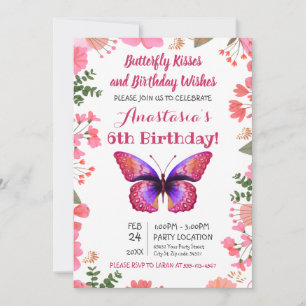 Pink Butterfly Watercolor Floral Frame Birthday Invitation