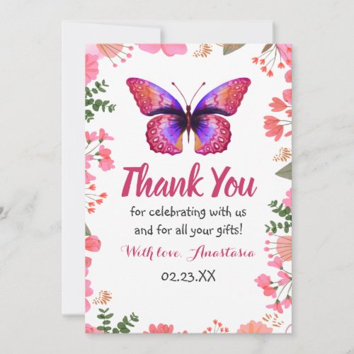 Pink Butterfly Watercolor Floral Frame Birthday Thank You Card