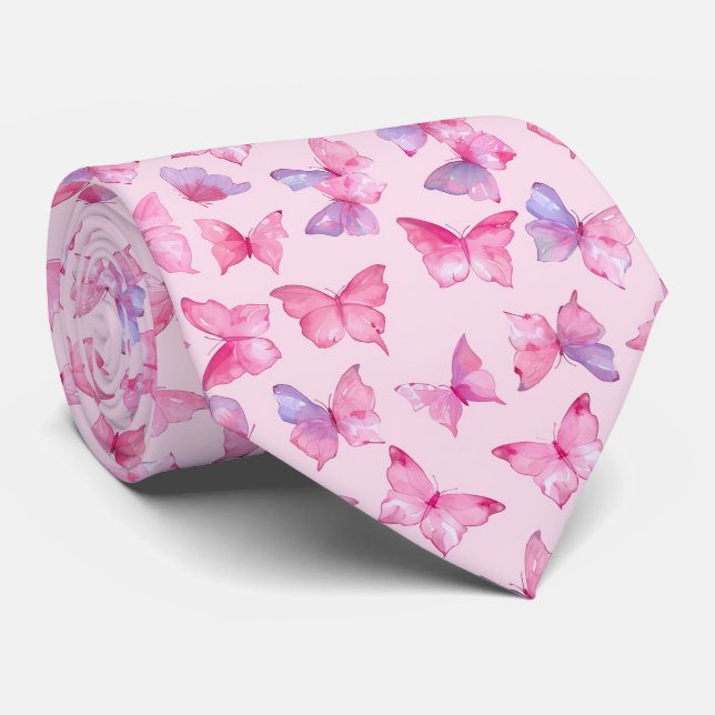 Pink Butterfly Watercolor Neck Tie (Rolled)