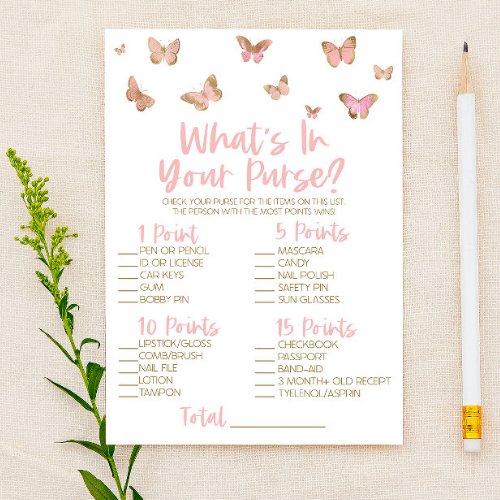 Pink Butterfly Whats In Purse Baby Shower Game Stationery