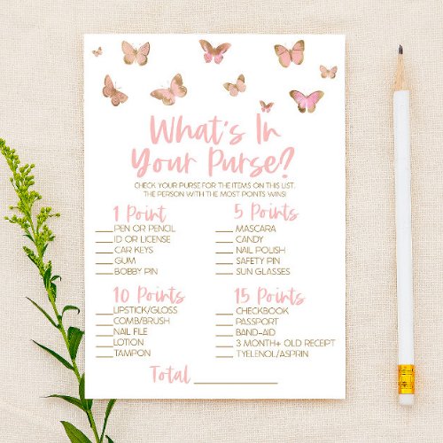 Pink Butterfly Whats In Purse Bridal Shower Game Stationery