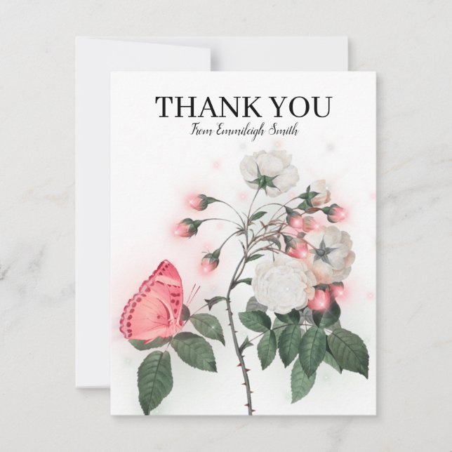 Pink Butterfly White Roses Thank You Note Card (Front)