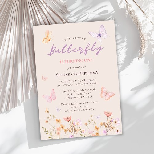 Pink Butterfly Wildflower Girl First Birthday  Invitation