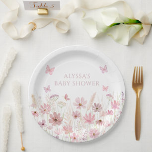Pink Butterfly Wildflowers Baby Shower Paper Plates