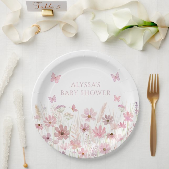 Pink Butterfly Wildflowers Baby Shower Paper Plates (Wedding)