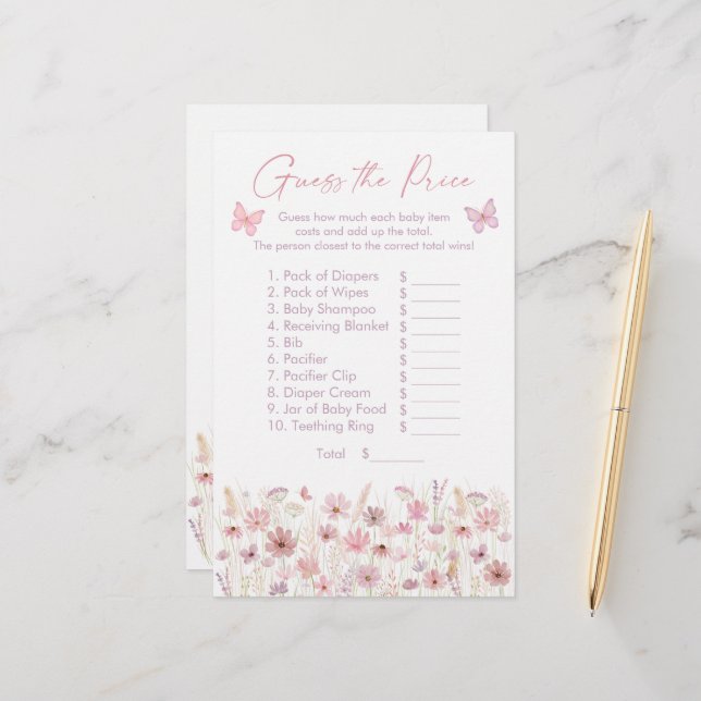 Pink Butterfly Wildflowers Guess the Price Game (Front/Back In Situ)