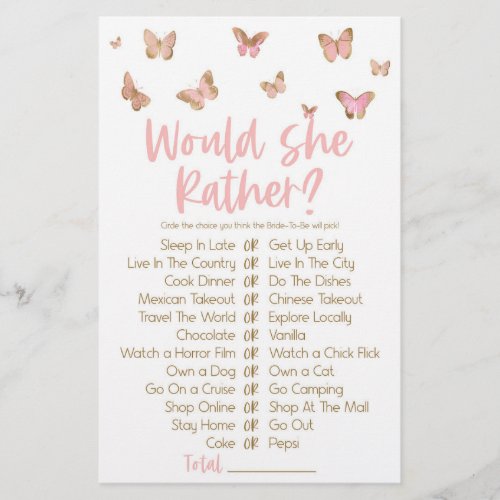 Pink Butterfly Would She Rather Bridal Shower Game Stationery