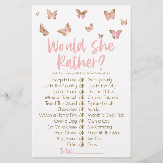 Pink Butterfly Would She Rather Bridal Shower Game Stationery (Front)