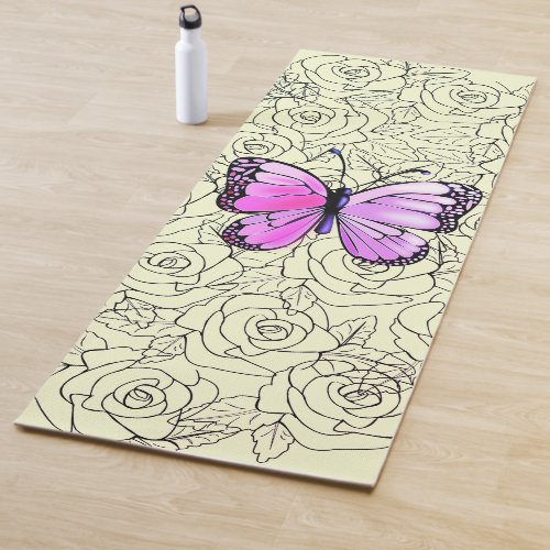 Pink Butterfly Yoga Mat with Roses _ Custom Colors