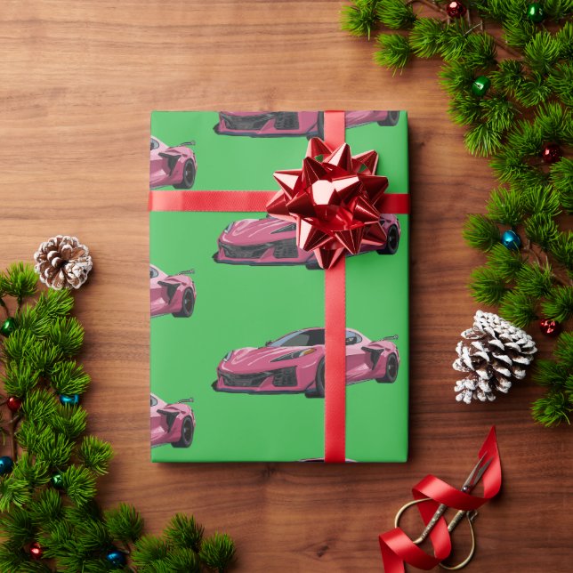 Pink C8 Corvette Sports Car Hand Drawn  Wrapping Paper (Holiday Gift)