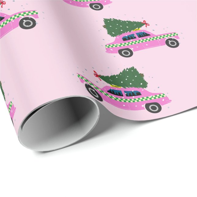 Pink Cab Taxi Fir Tree Pattern Pink Christmas Wrapping Paper (Roll Corner)