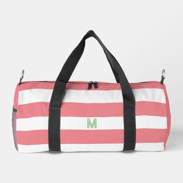 Pink Cabana Stripe & Personalized Green Monogram Duffle Bag (Back)