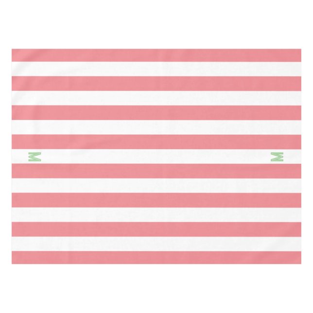 Pink Cabana Stripe & Personalized Green Monogram Tablecloth (Front (Horizontal))
