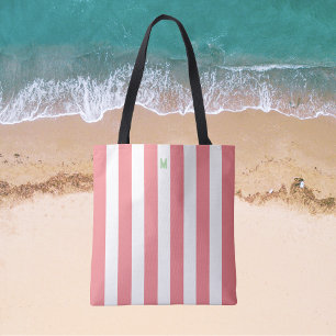 Pink Cabana Stripe & Personalized Green Monogram Tote Bag