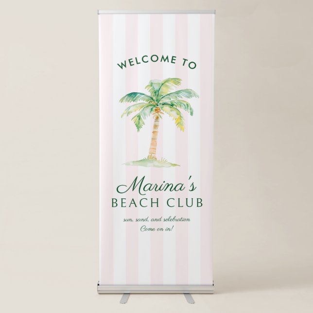 Pink Cabana Stripes Palm Beach Club Welcome Retractable Banner (Front)