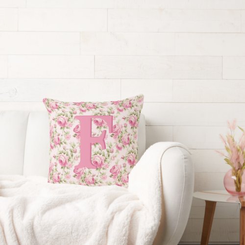 Pink Cabbage Rose Cottagecore Monogram Throw Pillow