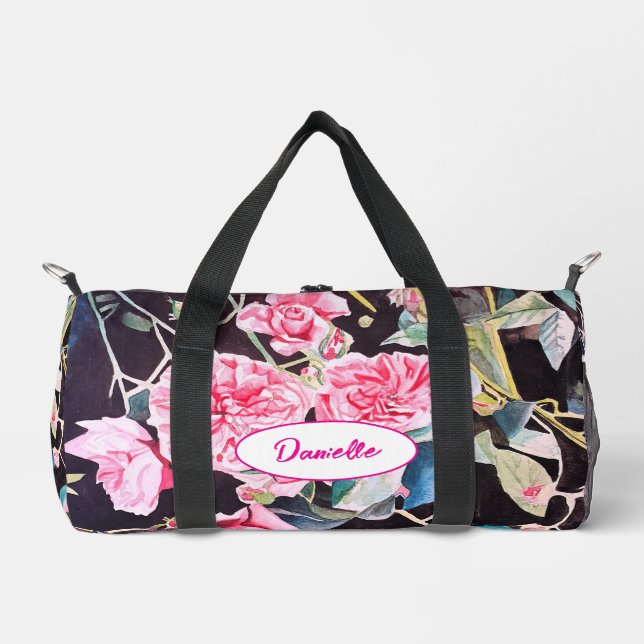 Pink Cabbage Rose Flower Pattern Watercolor Girls Duffle Bag (Front)
