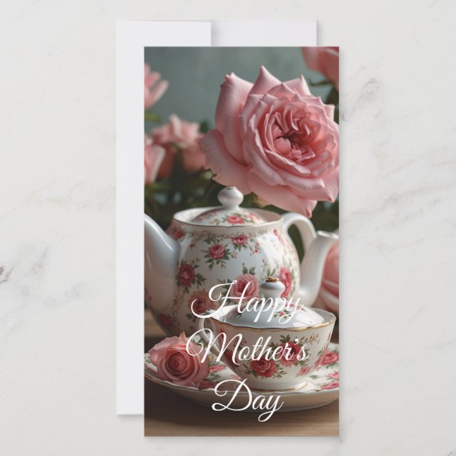 Pink Cabbage Rose Tea  Holiday Card (Front)