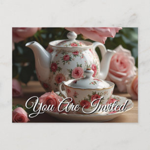 Pink Cabbage Rose Tea Invitation Postcard