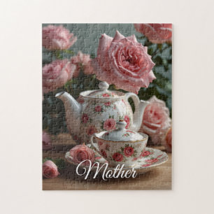 Pink Cabbage Rose Tea Jigsaw Puzzle