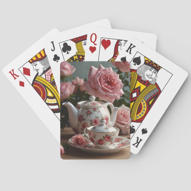 Pink Cabbage Rose Tea Poker Cards (Back)