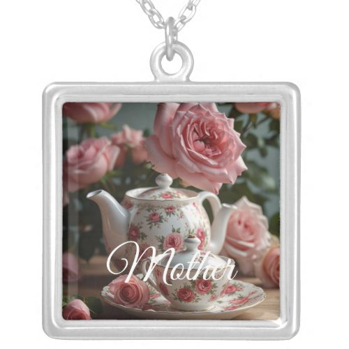 Pink Cabbage Rose Tea  Silver Plated Necklace