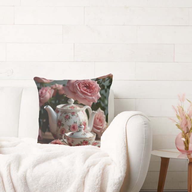Pink Cabbage Rose Tea Throw Pillow (Couch)