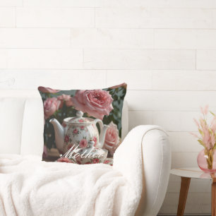 Pink Cabbage Rose Tea Throw Pillow