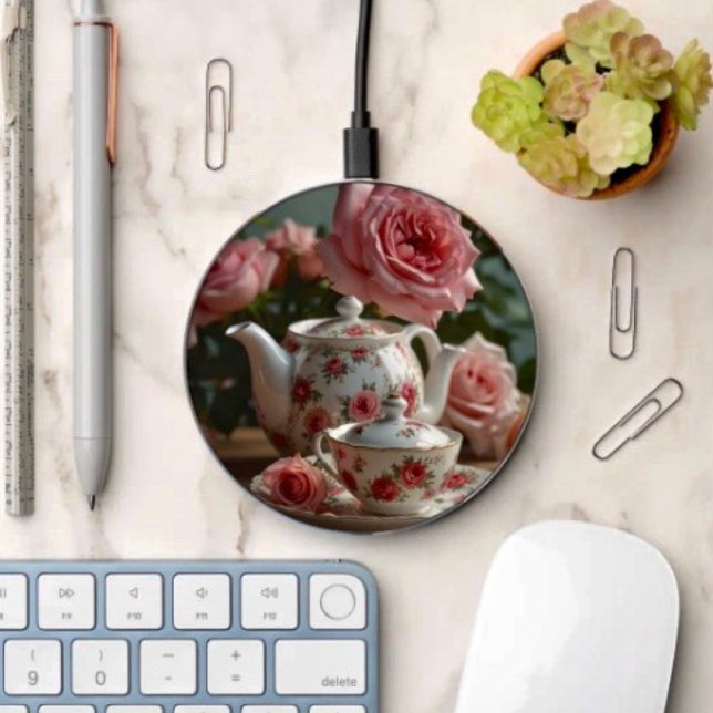 Pink Cabbage Rose Tea  Wireless Charger (Phone charger 3.94" D, 0.314" H  48" Micro-B USB to USB-A cable 10W output. 
)