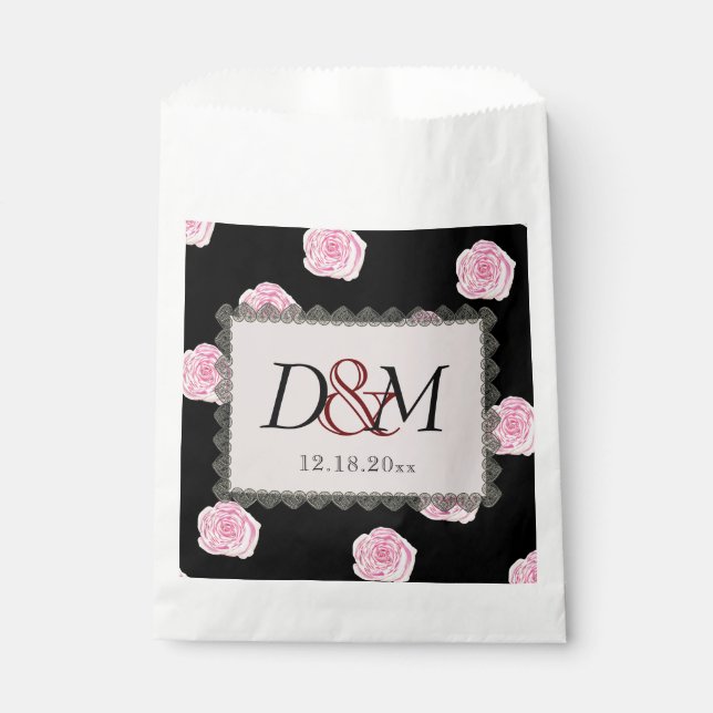 Pink Cabbage Roses and Black Lace Wedding Favor Bag (Front)