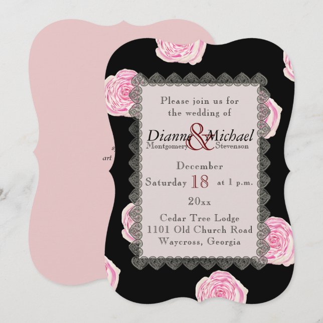 Pink Cabbage Roses and Black Lace Wedding Invitation (Front/Back)