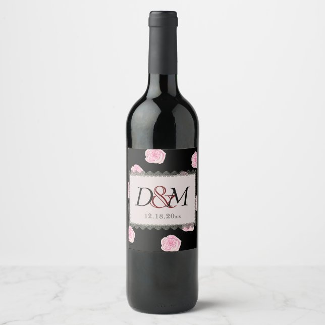 Pink Cabbage Roses and Black Lace Wedding Wine Label (Front)