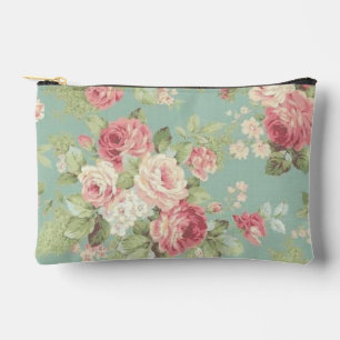 Pink cabbage roses on aqua background accessory pouch