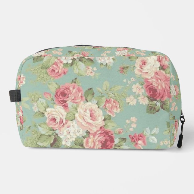 Pink cabbage roses on aqua background dopp kit (Front)